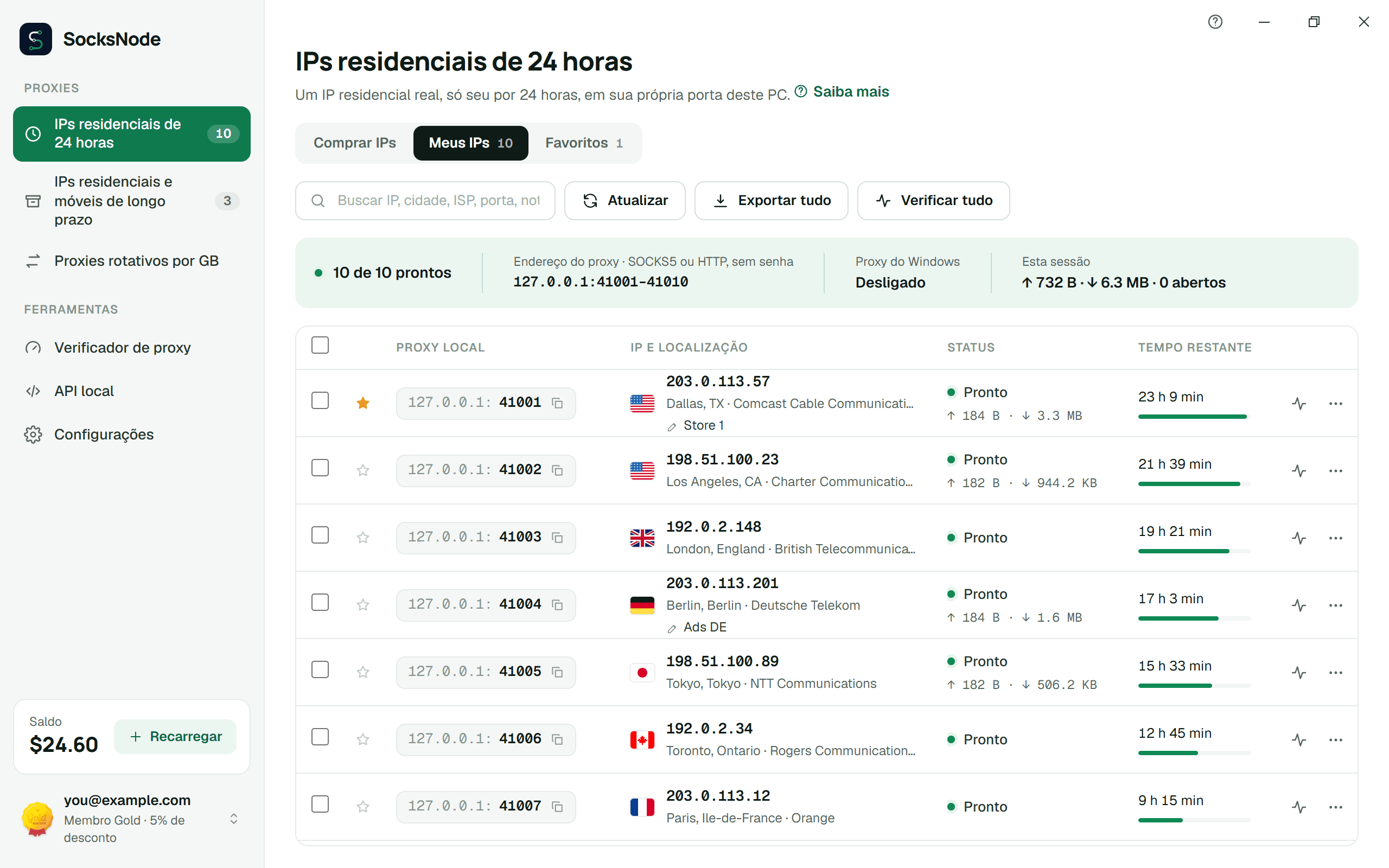 O app da SocksNode para Windows, mostrando dez IPs residenciais de 24 horas, cada um em sua própria porta local