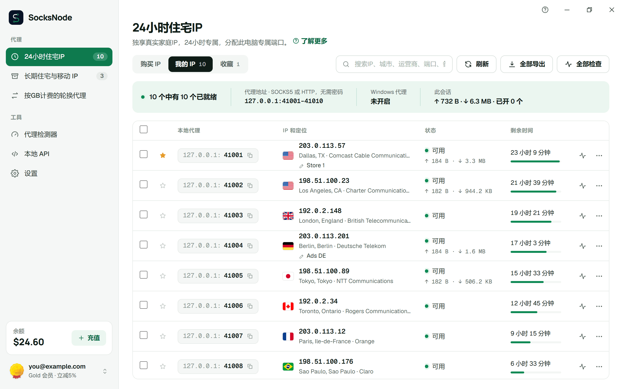 SocksNode Windows 应用界面，展示 10 个 24 小时住宅 IP，每个都分配到独立的本地端口