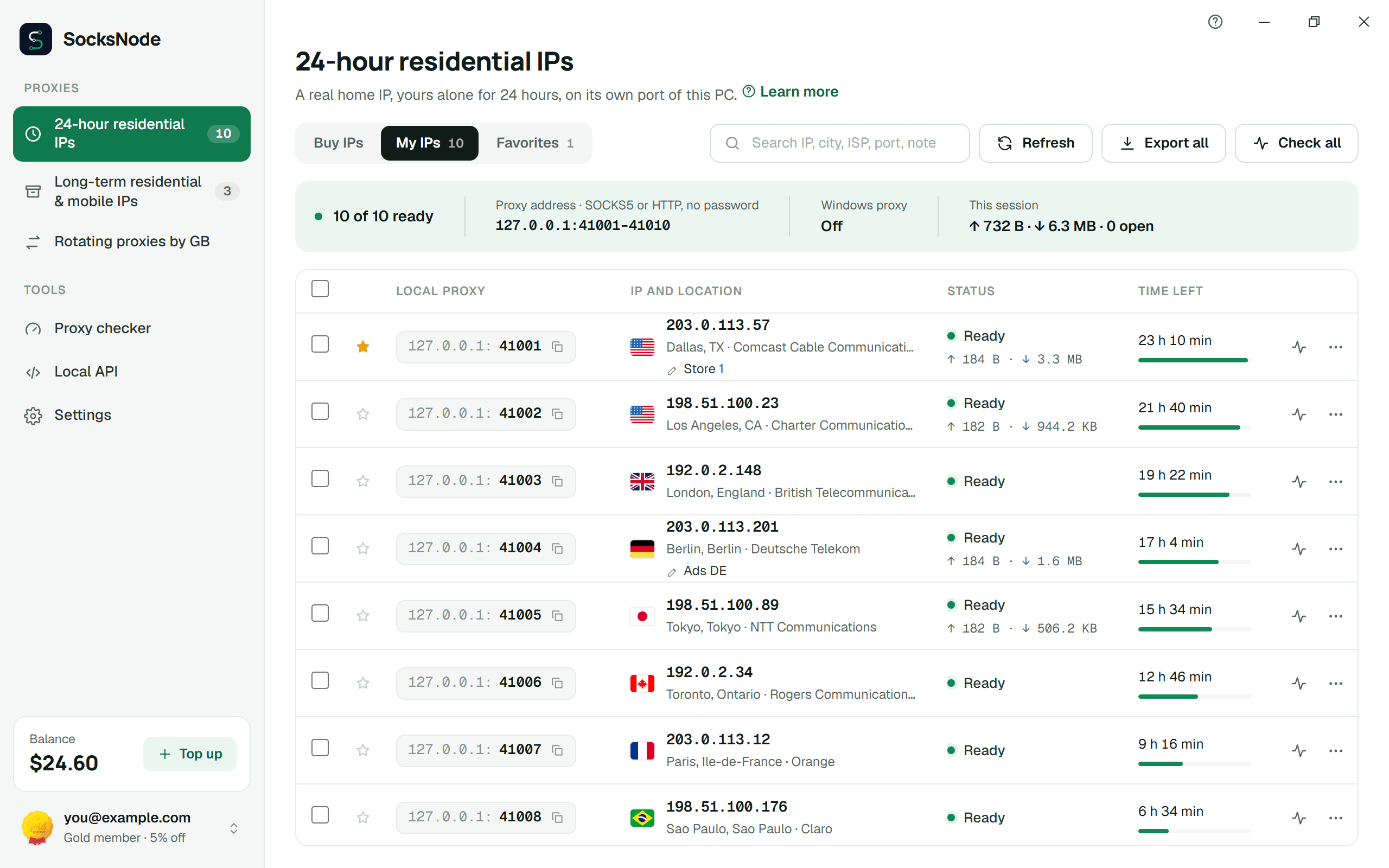 The SocksNode app for Windows, showing ten 24-hour residential IPs, each on its own local port