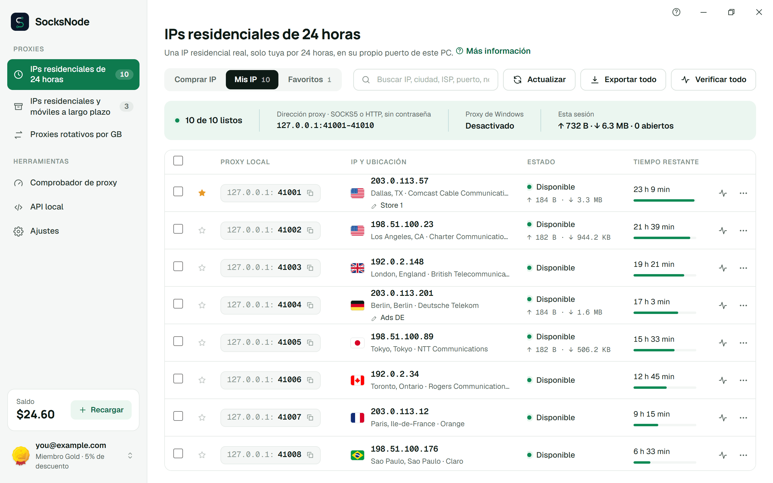 La app de SocksNode para Windows, mostrando diez IP residenciales de 24 horas, cada una en su propio puerto local