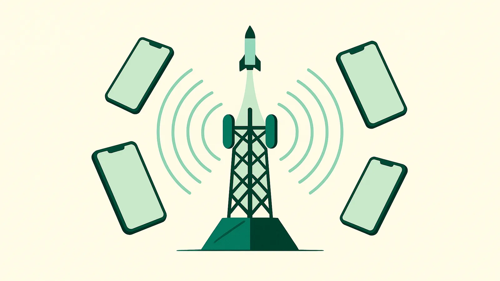 Illustration of a cell tower sending signal to smartphones