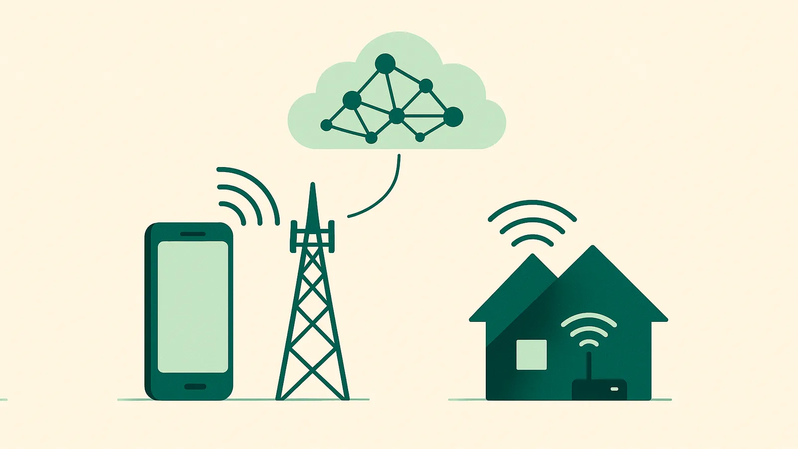 Illustration comparing a phone on a cell tower with a home on a Wi-Fi router