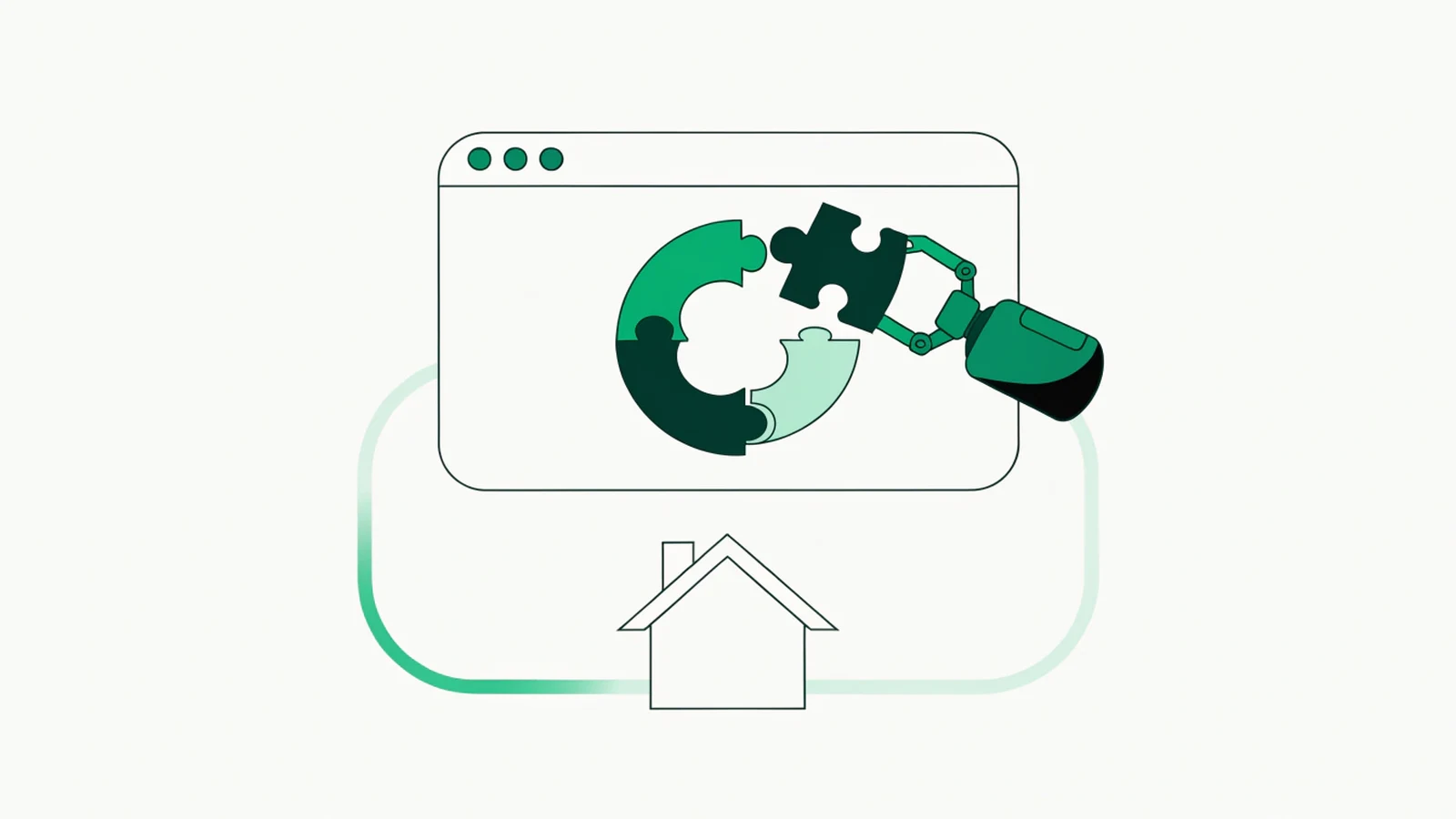 Illustration: a browser verification puzzle solved by a robot arm, linked to a home connection